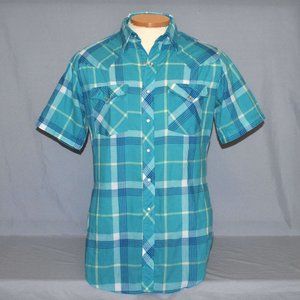 Youngbloods Western Shirt Mens Size Medium Plaid Pearl Snap Short Sleeve Shirt